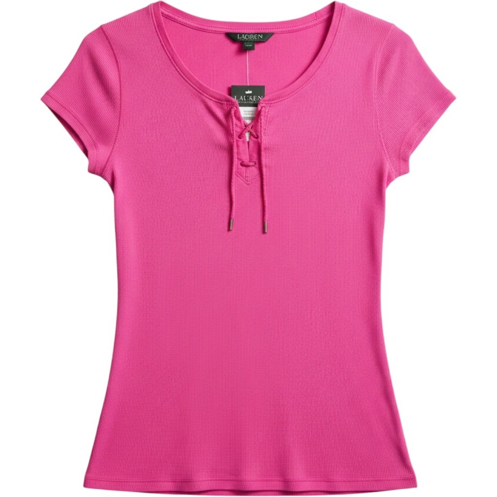Lauren Ralph Lauren Pink Ribbed Lace Up Top Short Sleeve Cap Sleeve Womens M NEW